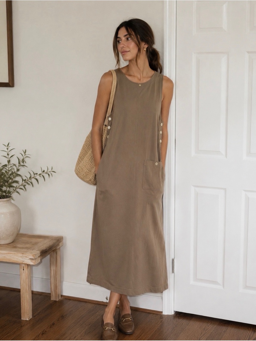 Talbots Dress Midi S Tan Modest Pinafore Prairie Vintage Peasant Deadstock Boho